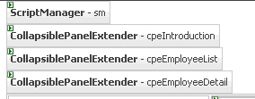 Figure 13. ScriptManager and 3 CollapsiblePanelExtenders on Design View