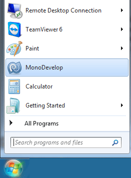 go to start menu to start monodevelop