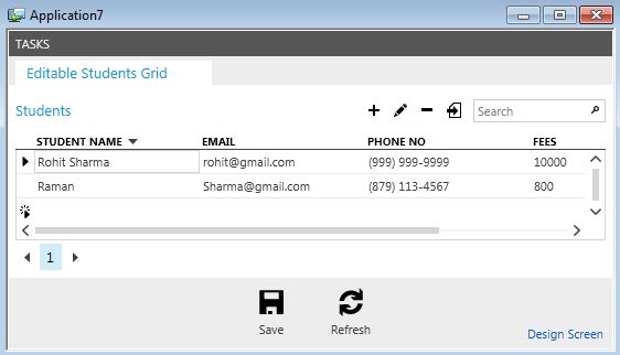 output showing editable grid screen