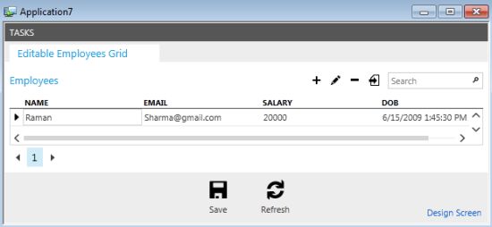 editable grid screen output