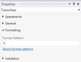 F Format pattern in Property Window