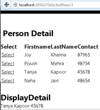 Display Selected Row from WebGrid