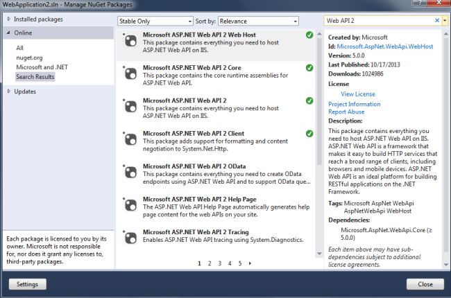 Install web API2 package