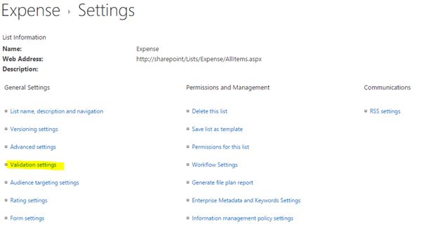Validation Settings link