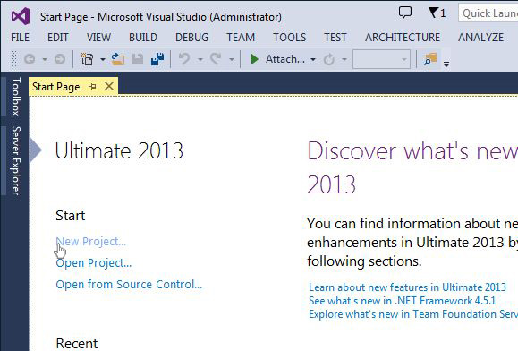 Visual Studio 2013 Home Page