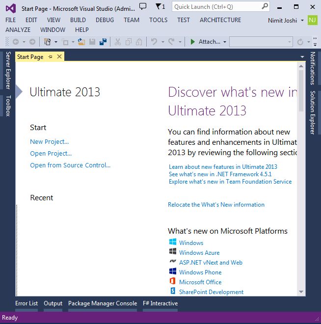 Visual Studio 2013 Start Page