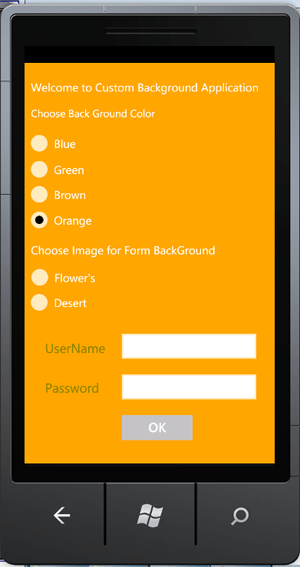 orange background in windows phone application
