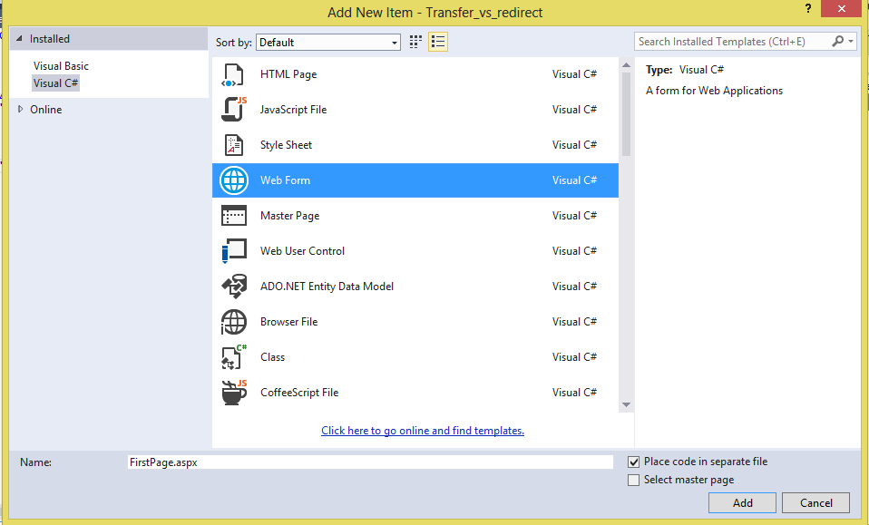 Add Web Form in visual studio