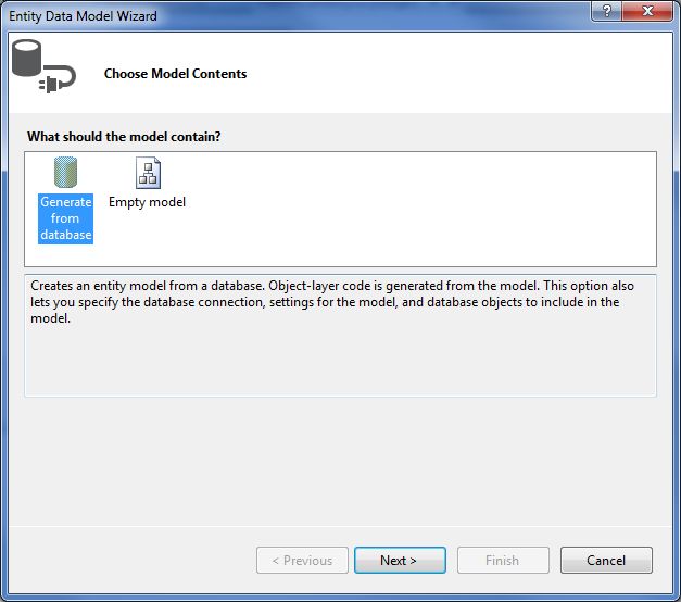 Entity Data Model Wizard - Choose Model Contents screen