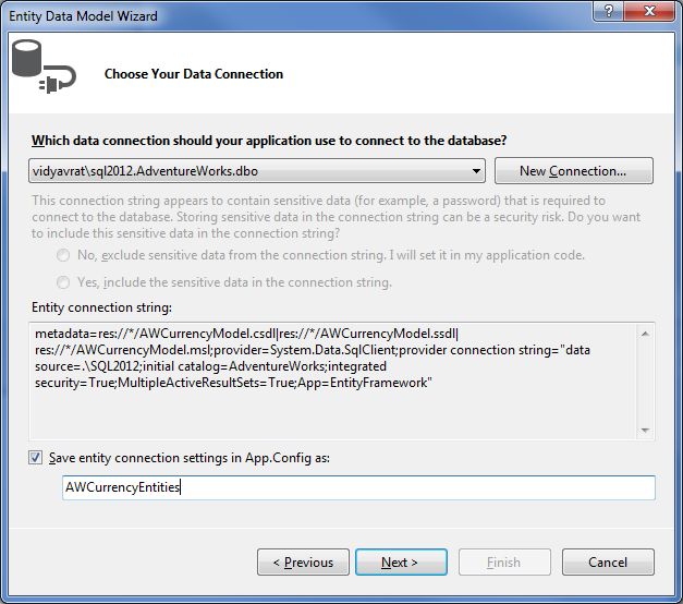Entity Data Model Wizard - Choose Your Data Connection screen with settings displayed