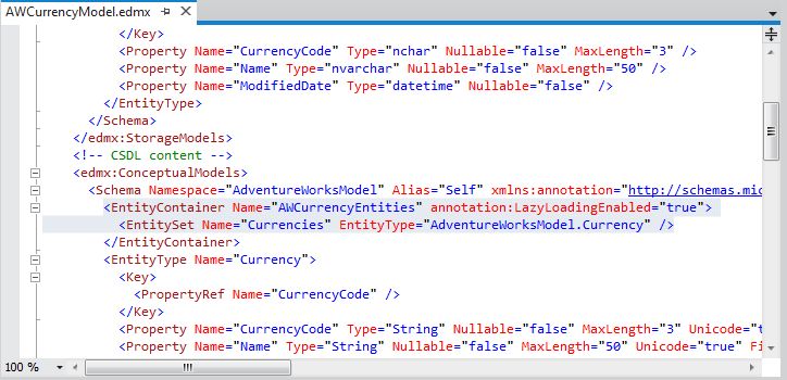 XML mapping associated with the Entity Data Model