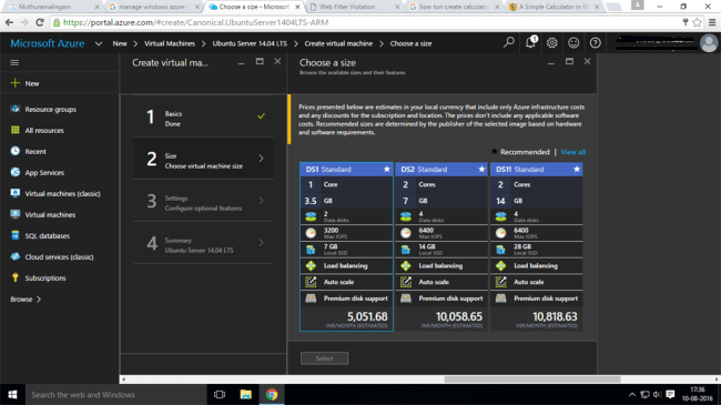 virtual machine size