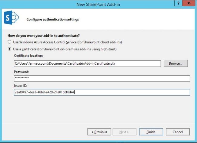# Create an Issuer ID $issuerID = [System.Guid]::NewGuid().ToString()# Get registered Issuer Name $oSite = Get - SPSite "http://sharepoint2016" $oSPrealm = Get - SPAuthenticationRealm - ServiceContext $oSite $IssuerName = $issuerID + '@' + $oSPrealm# Get Certificate $Certificate = Get - PfxCertificate "C:\Users\farmaccount\Documents\Certificate\Add-inCertificate.cer"# Register Token Issuer $SecurityTokenIssuer = New - SPTrustedSecurityTokenIssuer - Name $issuerID - RegisteredIssuerName $IssuerName - Certificate $Certificate - IsTrustBroker# Choose to turn off HTTPS for dev environment $SPSTokenServiceConfig = Get - SPSecuritytokenServiceConfig $SPSTokenServiceConfig.AllowOAuthOverHttp = $true $SPSTokenServiceConfig.Update()# Run an IISRESET IISRESET# Print the Issuer ID write - host "Issuer ID:" $issuerID