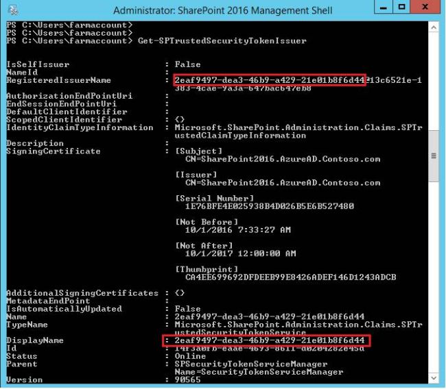 # Create an Issuer ID $issuerID = [System.Guid]::NewGuid().ToString()# Get registered Issuer Name $oSite = Get - SPSite "http://sharepoint2016" $oSPrealm = Get - SPAuthenticationRealm - ServiceContext $oSite $IssuerName = $issuerID + '@' + $oSPrealm# Get Certificate $Certificate = Get - PfxCertificate "C:\Users\farmaccount\Documents\Certificate\Add-inCertificate.cer"# Register Token Issuer $SecurityTokenIssuer = New - SPTrustedSecurityTokenIssuer - Name $issuerID - RegisteredIssuerName $IssuerName - Certificate $Certificate - IsTrustBroker# Choose to turn off HTTPS for dev environment $SPSTokenServiceConfig = Get - SPSecuritytokenServiceConfig $SPSTokenServiceConfig.AllowOAuthOverHttp = $true $SPSTokenServiceConfig.Update()# Run an IISRESET IISRESET# Print the Issuer ID write - host "Issuer ID:" $issuerID