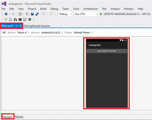 Introduction - Xamarin is platform to develop the cross-platform and multi-platform apps. (Ex. Windows phone,android,ios) in the  xamarin platform is code sharing concept used. in the xamarin studio is avalable in the visual studio also.   Analog Clock is used to Display the Time in Analog format.   Prerequisites - Visual studio 2015 update 3   The following steps need to be followed in order to create a Analog Clock control in Xamarin Android app. using visual studio 2015.   Step 1 - Click file-- /> Select New--> Next select Project. the project click after open the all type of projects. in the visual studio.  or click (Ctrl+Shift+N)  Step 2 - After open the New Project Select Installed-->Templates-->Visual c#-->Android-->choose the Blank App (Android).  Next give your android app name(Ex:sample) and give path of your project. after give all click ok.   Step 3 - Next go to the solution explorer. in the solution explorer is have the all files and source in your project.  Next Select Resource-->Layout-->double click to open main.axml page. you want select source to write the xaml code.  you want design choose the designer window you can design your app.   Step 4 - After open the main.axml file will open the main page designer. in this page which type you want you can design this page.   Step 5 - Next Delete the Default hello world button  go to the source panel you can see the button codeing. you will delete it.   Step 6 - After delete the xaml code next delete the c# button action code.  go to the MainActivity.cs page. you will delete the button code.   Step 7 - After delete the hello world button code you will see your app. the button is deleted.   Next go to the toolbox window in the toolbox window is have the all type of the tools and control.You will go to the toolbox window. next scrol down  you will see the Analog Clock control.   you will trag and trop the Analog Clock control in your main.axml page whatever.   Step 8 - After trag and trop the Analog clock.you will see in your app.   code   Main.axml   <?xml version=