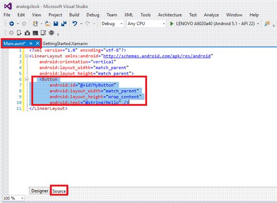 Introduction - Xamarin is platform to develop the cross-platform and multi-platform apps. (Ex. Windows phone,android,ios) in the  xamarin platform is code sharing concept used. in the xamarin studio is avalable in the visual studio also.   Analog Clock is used to Display the Time in Analog format.   Prerequisites - Visual studio 2015 update 3   The following steps need to be followed in order to create a Analog Clock control in Xamarin Android app. using visual studio 2015.   Step 1 - Click file-- /> Select New--> Next select Project. the project click after open the all type of projects. in the visual studio.  or click (Ctrl+Shift+N)  Step 2 - After open the New Project Select Installed-->Templates-->Visual c#-->Android-->choose the Blank App (Android).  Next give your android app name(Ex:sample) and give path of your project. after give all click ok.   Step 3 - Next go to the solution explorer. in the solution explorer is have the all files and source in your project.  Next Select Resource-->Layout-->double click to open main.axml page. you want select source to write the xaml code.  you want design choose the designer window you can design your app.   Step 4 - After open the main.axml file will open the main page designer. in this page which type you want you can design this page.   Step 5 - Next Delete the Default hello world button  go to the source panel you can see the button codeing. you will delete it.   Step 6 - After delete the xaml code next delete the c# button action code.  go to the MainActivity.cs page. you will delete the button code.   Step 7 - After delete the hello world button code you will see your app. the button is deleted.   Next go to the toolbox window in the toolbox window is have the all type of the tools and control.You will go to the toolbox window. next scrol down  you will see the Analog Clock control.   you will trag and trop the Analog Clock control in your main.axml page whatever.   Step 8 - After trag and trop the Analog clock.you will see in your app.   code   Main.axml   <?xml version=