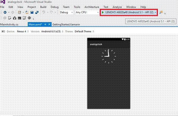 Main.axml << ? xml version = "1.0" encoding = "utf-8" ?  /> < LinearLayout xmlns : android = "http://schemas.android.com/apk/res/android" android: orientation = "vertical" android: layout_width = "match_parent" android: layout_height = "match_parent" android: minWidth = "25px" android: minHeight = "25px" > < AnalogClock android: layout_width = "match_parent" android: layout_height = "wrap_content" android: id = "@+id/analogClock1" / > < /LinearLayout>