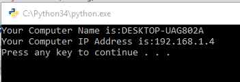 Introduction  In this blog, we will see how can we get IP Address of the computer using Python.  IP Address  An Internet Protocol(IP) is a numeric label which is assigned to each device. This is the method or protocol by which message can be sent over the internet. IP Address is an unique Identity of an device by which it can be uniquely identify.  Code:   1. import socket  2. hostname=socket.gethostname()  3. IPAddr=socket.gethostbyname(hostname)  4. print("Your Computer Name is:"+hostname)  5. print("Your Computer IP Address is:"+IPAddr)   Output:  *