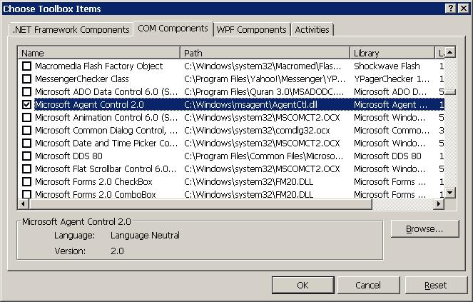 Figure 3 - Adding Microsoft Agent Control into Toolbox