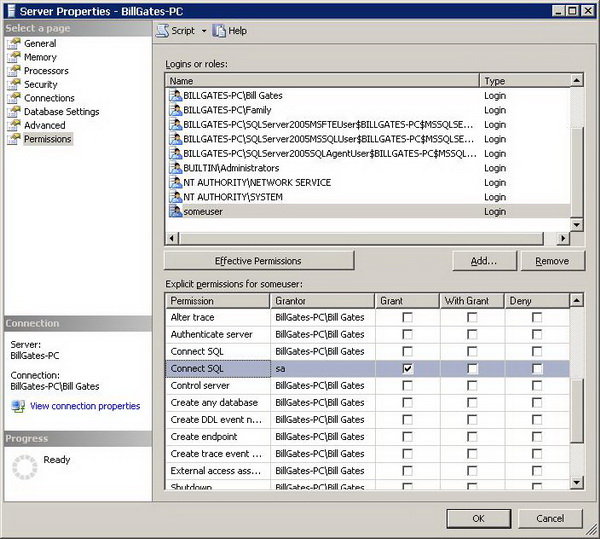 Figure 6 - Permissions page in Server Properties dialog