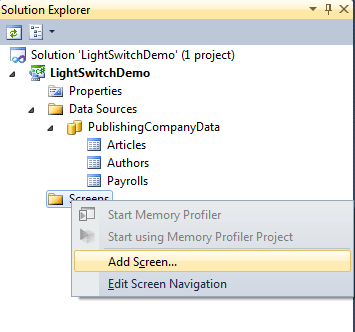 add screen in LightSwitch 2011