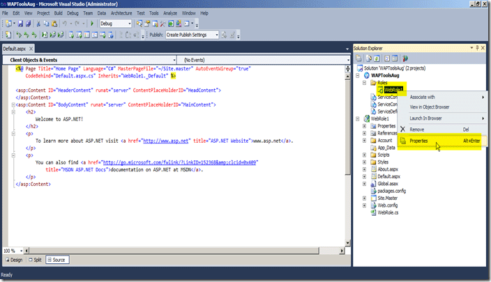 project property in windows azure