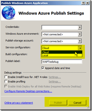 publishing setting of windows azure