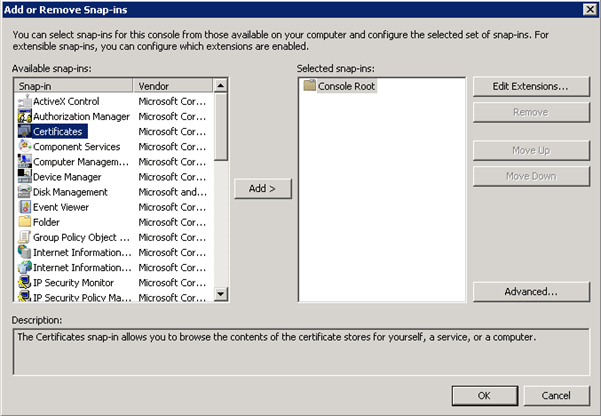 Add or Remove Snap-ins wizard
