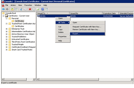 export the certificate in mmc