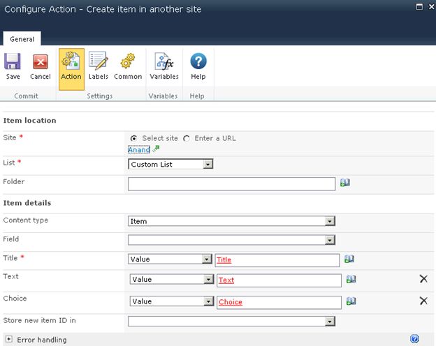 Configuren Action in WorkFlow