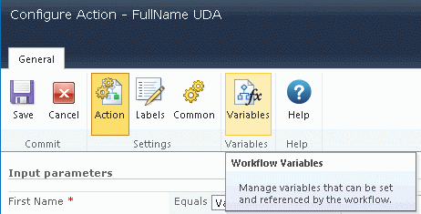 SharePoint workflow Variables button