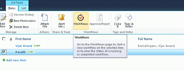 Workflows in the ribbon interface