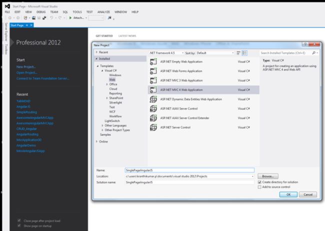 create project with MVC4 template