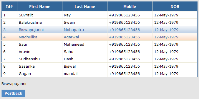 Single row selection in Gridview using JQuery