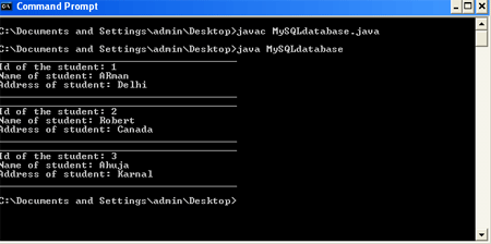 output of mysql connectivity program on console