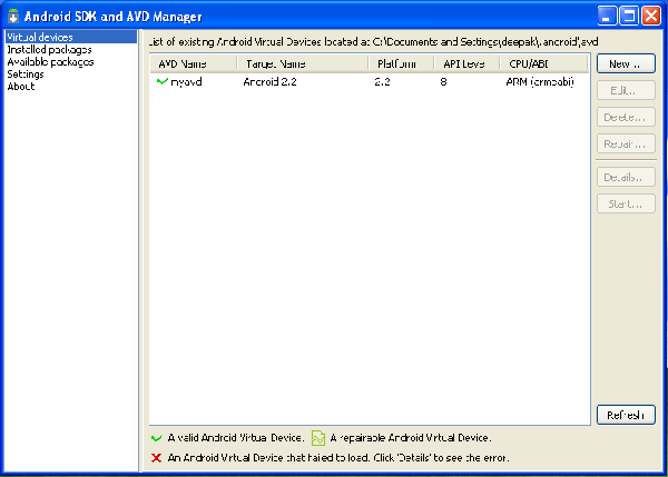 Android virtual devices list