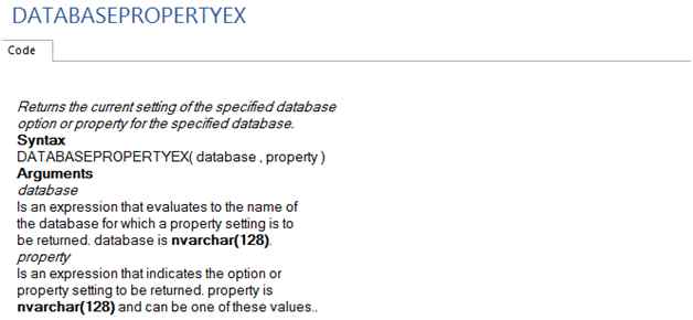 DATABASEPROPERTYEX 