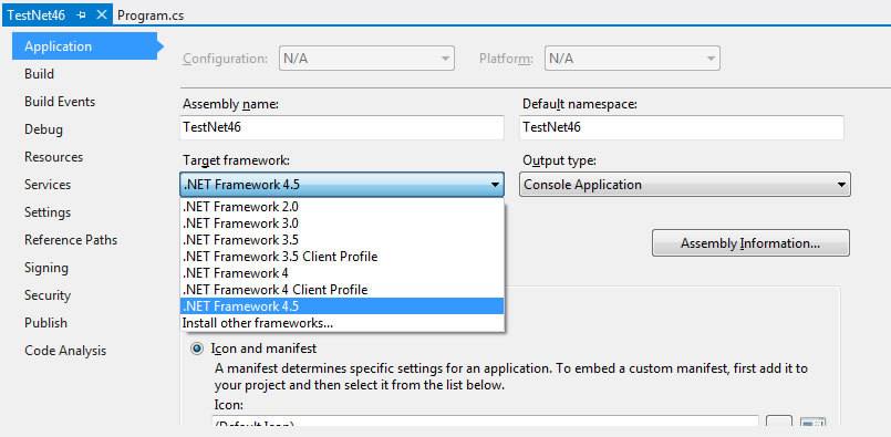 Visual Studio Target Framework Dropdown