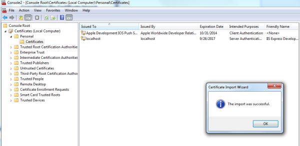 certificate import in MMC