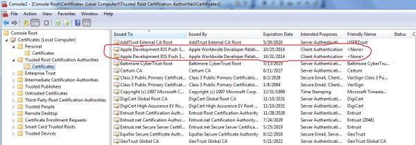 certificate import to Trusted Root Certification Authorities