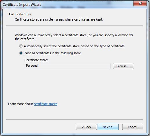choose certificate import store in MMC