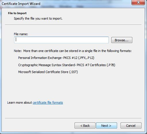 choose certificate to import in MMC