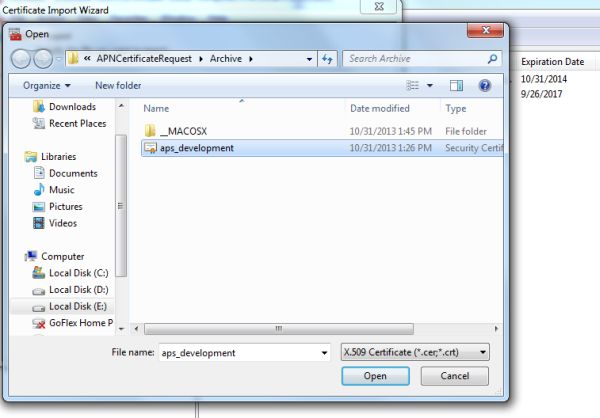choose certificate to import in MMC
