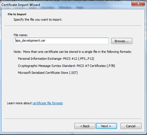choose certificate to import in MMC