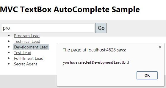 Select from AutoComplete Textbox in MVC