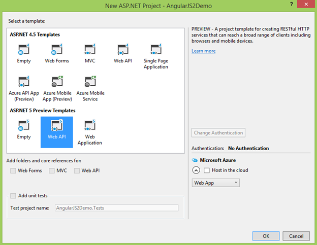 New ASP.NET Project dialog