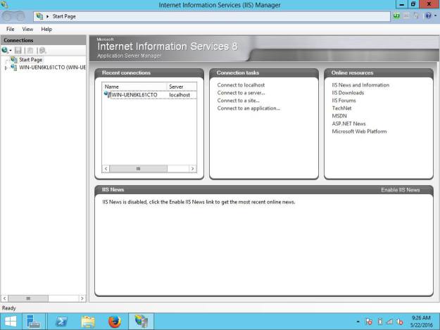 IIS server main page shown