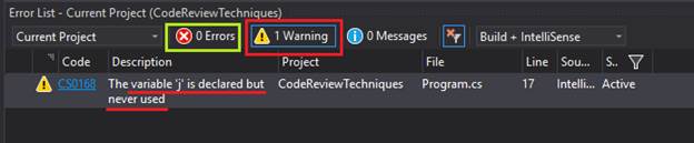 Error List, highlighting warning in the code