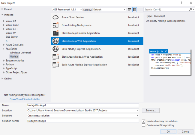 Visual Studio providing templates for Node.js runtime