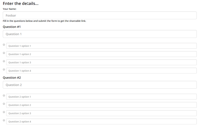Sample form with questions and their options rendered with Pug